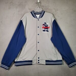 Disney Parks Varsity Jacket Mens XL Gray Blue Mickey Mouse Embroidered Letterman